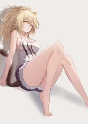  absurdres animal_ear_fluff animal_ears ann_(enye5842) arknights bare_shoulders barefoot black_shorts blonde_hair breasts cleavage closed_mouth female foot_out_of_frame fur_trim hair_between_eyes highres large_breasts lion_ears lion_girl lion_tail long_hair looking_at_viewer shirt shorts siege_(arknights) sitting solo tail white_shirt yellow_eyes 