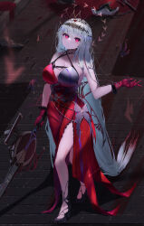  absurdres arknights bare_shoulders breasts cleavage closed_mouth commentary crown dress female full_body fur-trimmed_gloves fur_trim gloves grey_hair hair_between_eyes hair_ornament halter_dress halterneck hat highres holding large_breasts long_hair looking_up lycoris-fullbloom official_alternate_costume red_dress red_eyes red_gloves skadi_(arknights) skadi_the_corrupting_heart_(arknights) skadi_the_corrupting_heart_(red_countress)_(arknights) sleeveless sleeveless_dress solo very_long_hair 