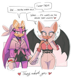  2girls aliisa animal_ears bat_ears bat_girl bat_wings beak bird_girl blush commentary couple dan_and_phil_adopt_you_(meme) english_commentary english_text furry furry_female furry_with_furry gloves heart highres holding_hands looking_at_viewer meme multiple_girls rouge_the_bat smile sonic_(series) sonic_riders_(series) standing wave_the_swallow white_background white_gloves wings yuri 