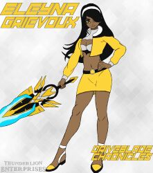  absurdres bare_legs black_hair breasts cleavage closed_mouth comb_over copyright_request dark-skinned_female dark_skin driveblade driveblade_chronicles eleyna_grievoux female full_body gold_footwear gold_jacket golden_eyes hairband hand_on_own_hip highres holding holding_sword holding_weapon jacket large_breasts light_smile long_hair looking_at_viewer midriff miniskirt non-web_source sidelocks skin_tight skirt smile solo standing sword thunderlion_enterprises weapon 