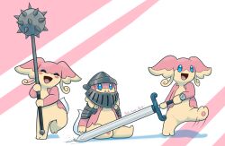  2024 ambiguous_gender armor audino blue_eyes blush blush_lines closed_eyes closed_smile digital_media_(artwork) dragging dragging_object dragging_weapon english_text generation_5_pokemon greatsword group headgear helmet hi_res holding_melee_weapon holding_object holding_sword holding_weapon latiar melee_weapon motion_lines mouth_closed nintendo number open_mouth open_smile pokemon pokemon_(species) shadow sitting smile standing sword tail text trio weapon 