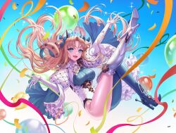  absurdres balloon blonde_hair blue_background blue_eyes blue_footwear blue_pantyhose blue_ribbon boots box_(hotpppink) breasts commentary_request confetti curled_horns elbow_gloves ereshkigal_(fate) fate/grand_order fate_(series) female floating gloves hair_ribbon high_heel_boots high_heels highres horns long_hair looking_at_viewer medium_breasts official_alternate_costume open_mouth pantyhose parted_bangs ribbon single_leg_pantyhose smile solo space_ereshkigal_(fate) space_ereshkigal_(third_ascension)_(fate) swimsuit two_side_up white_footwear white_gloves yellow_horns 