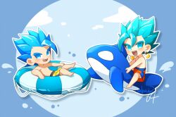  2boys aqua_eyes aqua_hair blue_eyes blue_hair chibi commentary dated_commentary dragon_ball dragon_ball_super earrings gamubanku gogeta inflatable_orca inflatable_toy innertube jewelry looking_at_viewer looking_to_the_side male_focus male_swimwear multiple_boys open_mouth potara_earrings short_hair single_bang smile spiked_hair super_saiyan super_saiyan_blue swim_ring swim_trunks symbol-only_commentary topless_male twitter_username vegetto 