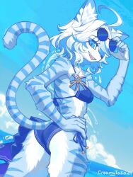  alternate_species anthro bikini blue_body blue_eyes blue_fur bra clothing creamytako eyewear eyewear_on_head felid feline female fur furina_(genshin_impact) furrification genshin_impact hair hi_res looking_at_viewer looking_back looking_back_at_viewer mammal mihoyo outside seaside smile solo striped_body stripes sunglasses sunglasses_on_head swimwear tail teeth two-piece_swimsuit underwear water 