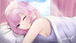  absurdres alternate_costume blue_eyes breasts closed_mouth curtains elf elysia_(honkai_impact) elysia_(miss_pink_elf)_(honkai_impact) female gxws heart highres honkai_(series) honkai_impact_3rd indoors looking_at_viewer lying on_bed on_stomach one_eye_closed pillow pink_hair pointy_ears smile waking_up 