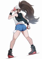  absurdres ass baseball_cap black_socks black_vest black_wristband blue_shorts boots brown_hair commentary female from_behind hat high_ponytail highres hilda_(pokemon) holding holding_poke_ball kneepits long_hair looking_back pigeon-toed poke_ball poke_ball_(basic) pokemon pokemon_bw shirt shorts sidelocks socks solo vest white_background white_hat white_shirt zet_(twt_zet) 