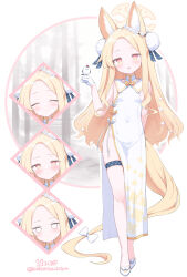  alternate_costume animal_ear_fluff animal_ears arm_behind_back bird blonde_hair blue_archive blush breasts china_dress chinese_clothes closed_eyes closed_mouth covered_navel cross_halo double_bun dress expressions extra_ears female flower_wreath forehead fox_ears fox_tail full_body gloves gradient_eyes hair_bun hair_ornament halo long_hair looking_at_viewer multicolored_eyes nanopai_kakumeikokonoyu parted_bangs red_eyes seia_(blue_archive) side_slit simple_background sleeveless sleeveless_dress small_breasts smile standing tail thigh_strap tit_(bird) very_long_hair white_background white_bird white_dress white_gloves yellow_halo 