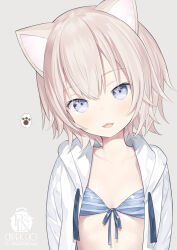  :d animal_ears artist_name bikini bikini_under_clothes blue_eyes blush breasts brown_hair capriccio cat_ears collarbone commentary_request drawstring fangs female front-tie_bikini_top front-tie_top grey_background hair_between_eyes head_tilt hood hood_down hooded_jacket jacket looking_at_viewer original simple_background small_breasts smile solo striped_bikini striped_clothes swimsuit white_jacket 