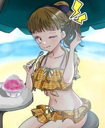  ;t beach beach_umbrella bikini black_bow blurry blurry_background blush bow bowl brain_freeze breasts brown_hair brown_jacket center-flap_bangs cleavage closed_mouth collarbone commentary_request cowboy_shot eating female food frilled_bikini frilled_sleeves frills gingham_bikini glass_bowl hairbow half_up_braid hands_up highres holding holding_spoon jacket jacket_over_swimsuit kachimachi_kosuzu link!_like!_love_live! love_live! medium_hair midriff navel official_alternate_costume on_chair outdoors pink_eyes puffy_short_sleeves puffy_sleeves rere_88rere shaved_ice short_sleeves shout_lines single_tear sitting solo split_mouth spoon straight_hair striped_bow swimsuit tied_jacket umbrella virtual_youtuber yellow_bikini 