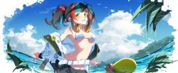  absurdres badge belt bikini black_hair black_shorts blue_hair blue_sky blush boqee breasts fate/grand_order fate_(series) female green_hat hat headphones headphones_around_neck highres jacket large_breasts long_hair looking_at_viewer multicolored_hair navel ocean off_shoulder open_clothes open_jacket outdoors palm_tree red_hair sei_shounagon_(fate) sei_shounagon_(swimsuit_berserker)_(fate) sei_shounagon_(swimsuit_berserker)_(first_ascension)_(fate) short_shorts shorts skateboard sky smile solo swimsuit tree twintails visor_cap white_belt white_bikini white_jacket yellow_eyes 