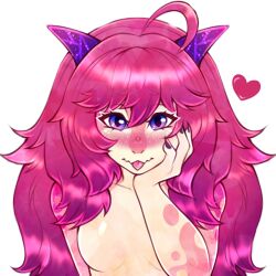  1:1 2024 ahoge alpha_channel anthro bangs blue_eyes blush breasts bust_portrait claws digital_media_(artwork) eyebrow_through_hair eyebrows eyelashes featureless_breasts female finger_claws hair hand_on_own_face heart_symbol hi_res horn kobold long_hair looking_at_viewer multicolored_eyes onomari pink_body pink_hair pink_scales pink_tongue portrait purple_eyes roseanne_shard scales scalie shaded simple_background solo tan_body tan_scales tongue tongue_out translucent translucent_hair transparent_background two_tone_eyes 