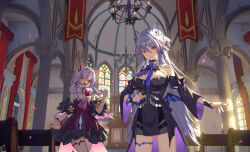  2girls abigail_(epic_seven) banner bare_shoulders bat_wings bench black_bow black_dress black_sleeves bow bracelet breasts calder_(pixiv3698273) chains chandelier chest_strap church cleavage covered_navel cowboy_shot curtains detached_sleeves dress elvira_(epic_seven) epic_seven fur_trim highres indoors jewelry large_breasts leotard long_hair medium_breasts multicolored_clothes multicolored_hair multiple_girls necktie pointy_ears purple_hair purple_nails purple_necktie red_eyes red_hair see-through sleeveless stained_glass standing streaked_hair thighlet very_long_hair wide_sleeves window wings wrist_cuffs 