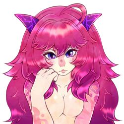  1:1 2024 ahoge alpha_channel anthro bangs blue_eyes breasts bust_portrait claws digital_media_(artwork) eyebrow_through_hair eyebrows eyelashes featureless_breasts female finger_claws hair hand_on_own_face hi_res horn kobold lips long_hair looking_at_viewer multicolored_eyes onomari pink_body pink_hair pink_lips pink_scales portrait purple_eyes roseanne_shard scales scalie shaded simple_background solo tan_body tan_scales translucent translucent_hair transparent_background two_tone_eyes 