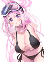  bikini black_bikini blue_archive blush bouncing_breasts breasts chestnut_mouth collarbone dot_nose eimi_(blue_archive) eimi_(swimsuit)_(blue_archive) female goggles goggles_on_head halo highres large_breasts looking_at_viewer motion_lines navel pink_hair pink_halo purple_eyes simple_background ski_goggles solo sweat swimsuit tongue white_background yuzuki_yuki_(another_yuki) 