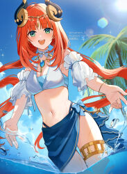  :d alternate_costume aqua_eyes bare_shoulders blue_gemstone blue_panties blue_skirt blue_sky blush bra bracelet breasts circlet cleavage cloud commentary_request cowboy_shot day detached_sleeves fake_horns female gem genshin_impact highres horns hydrokinesis jewelry long_hair looking_at_viewer medium_breasts miyanami_3 navel nilou_(genshin_impact) outdoors palm_tree panties parted_bangs pendant red_hair see-through see-through_skirt skirt sky smile solo stomach sunlight teeth thighlet tree twitter_username underwear upper_teeth_only very_long_hair water white_bra white_sleeve_cuffs 