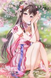  barefoot bell blush braided_hair_rings breasts cape cherry_blossoms chinese_clothes clothing_cutout dress feet female hanfu highres long_hair medium_breasts neck_bell niwata0 original pink_cape pink_dress pink_eyes toes water 