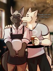  anthro arctic_fox barista beverage brother_(lore) brothers_(lore) canid canine cheek_lick clothed clothing coffee coffee_shop duo face_lick fox hi_res licking male male/male mammal remember_the_flowers sibling_(lore) silver_(remember_the_flowers) tongue true_fox ventkazemaru 