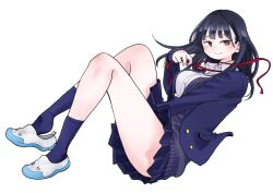  between_legs blazer blue_hair blue_jacket blue_skirt blue_socks blush boku_no_kokoro_no_yabai_yatsu breasts brown_eyes cardigan closed_mouth collared_shirt dark_blue_hair female full_body hand_between_legs highres jacket large_breasts legs long_hair long_sleeves looking_at_viewer miniskirt mole mole_on_neck neck_ribbon official_art pleated_skirt purple_cardigan red_ribbon ribbon sakurai_norio school_uniform shirt shoes simple_background skirt socks solo thick_thighs thighs untying uwabaki white_background white_footwear white_shirt yamada_anna 