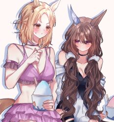  2girls :t admire_vega_(umamusume) animal_ears arm_cuffs bare_shoulders bikini black_one-piece_swimsuit blonde_hair blush breasts brown_hair choker cleavage collarbone commentary cup drinking_straw drop_shadow ear_covers ear_ornament food frilled_bikini frilled_cuffs frills hair_between_eyes hair_ornament hair_scrunchie hand_up holding holding_cup horse_ears horse_girl horse_tail jacket jewelry long_hair long_sleeves looking_at_another medium_breasts medium_hair multiple_girls narita_top_road_(umamusume) off_shoulder one-piece_swimsuit one_side_up parted_bangs purple_bikini purple_eyes ring scrunchie shaved_ice simple_background single_ear_cover sitting small_sweatdrop snowflower_525 summer swimsuit tail umamusume upper_body v-shaped_eyebrows very_long_hair wavy_hair white_background white_jacket yellow_eyes 