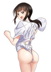  :d ass brown_hair commentary_request cowboy_shot female from_behind fubuki_(kancolle) fundoshi green_eyes hair_tie japanese_clothes kantai_collection long_hair looking_at_viewer looking_back low_ponytail mizu_happi moke_ro open_mouth shirt short_sleeves sidelocks simple_background smile solo standing white_background white_shirt 