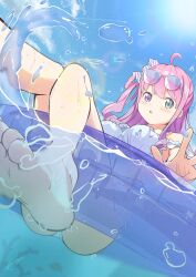  :o absurdres ahoge akichazuke barefoot bikini blush candy_hair_ornament cloud crescent_print feet female food-themed_hair_ornament frilled_bikini frills gradient_hair green_eyes hair_ornament heterochromia highres himemori_luna hololive innertube looking_at_viewer multicolored_hair ocean pink_hair purple_eyes purple_hair sidelocks signature splashing star_(symbol) star_print sun_glare sunglasses swim_ring swimsuit transparent_innertube virtual_youtuber wavy_hair wet white_bikini 