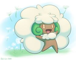  2024 2_horns ambiguous_gender artist_name brown_body brown_eyes day digital_media_(artwork) generation_5_pokemon grass green_text hair hi_res horn latiar nintendo open_mouth open_smile outside plant pokemon pokemon_(species) sky smile solo text tongue whimsicott 