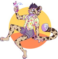  2019 aloha_shirt anthro barefoot beverage black_hair blep bottomwear brown_spots cel_shading clothed clothing clouded_leopard digital_drawing_(artwork) digital_media_(artwork) drink_umbrella drinking_straw feet felid full-length_portrait fully_clothed fur grey_bottomwear grey_clothing grey_shorts hair hi_res hindpaw holding_beverage holding_glass holding_object jaspering looking_at_viewer male mammal markings pantherine pattern_clothing pattern_shirt pattern_topwear paws pink_nose pink_tongue plantigrade portrait purple_eyes shaded shirt shorts silly_straw simple_background sitting smile solo spots spotted_body spotted_fur tail tan_body tan_fur teeth tongue tongue_out topwear whisker_spots 