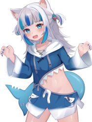  absurdres animal_costume animal_ears blue_hair blue_hoodie blue_nails blush breasts cat_ears female fins fish_tail gawr_gura gawr_gura_(1st_costume) grey_hair hair_ornament highres hololive hololive_english hood hoodie looking_at_viewer medium_hair multicolored_hair nail_polish navel nekopurin_(nyanko_prin) open_mouth shark_costume shark_girl shark_hair_ornament shark_tail sharp_teeth small_breasts smile streaked_hair tail teeth two_side_up upper_teeth_only virtual_youtuber 