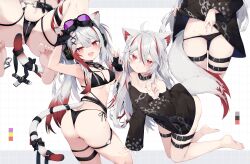  adjusting_eyewear ahoge animal_ears arm_up armpits ass ass_visible_through_thighs bare_arms bare_shoulders barefoot belt bent_over bikini black_bikini black_choker black_gloves black_panties black_shirt breast_zipper breasts cat_ears cat_girl cat_tail chains choker clothes_lift crotch_zipper fangs female fingerless_gloves fox_ears fox_girl fox_tail gloves goggles goggles_on_head gradient_hair hand_on_eyewear hand_up highres leaning_forward lifting_own_clothes long_hair long_sleeves looking_at_viewer loose_belt loose_clothes loose_shirt median_furrow medium_breasts multi-strapped_bikini_top multicolored_hair multiple_views navel nibiiro_shizuka off_shoulder open_mouth original panties red_eyes red_hair shirt shirt_lift side-tie_bikini_bottom smile spread_legs stomach streaked_hair string_bikini sweat swimsuit tail thigh_belt thigh_strap thighs twintails twisted_torso two-tone_hair underwear v-shaped_eyebrows very_long_hair w white_hair zipper 