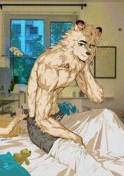  2024 anthro bed bedding blanket bottomwear clothing felid fur furniture hair haru41113 hi_res human leo_(saitama_seibu_lions) lion looking_at_viewer male mammal mane mascot nippon_professional_baseball on_bed one_eye_closed pantherine pants photo_background photography_(artwork) saitama_seibu_lions sitting solo tail white_body white_fur 