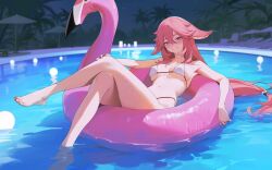  alternate_costume bikini blush breasts cleavage commentary_request crossed_legs droopy_ears female genshin_impact hair_between_eyes highres inflatable_flamingo innertube large_breasts long_hair looking_at_viewer navel pink_hair pool purple_eyes smile solo stomach swim_ring swimsuit very_long_hair white_bikini xiehou_nangong yae_miko 