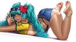  absurdres aqua_hair barefoot bead_anklet bikini black_bikini brazilian_miku breasts commentary dark-skinned_female dark_skin denim denim_shorts eyewear_on_head feet feet_up female flower hair_flower hair_ornament half-closed_eyes handjob_gesture hatsune_miku highleg highleg_bikini highres kairunoburogu large_breasts off-shoulder_shirt off_shoulder red_flower shirt short_shorts short_sleeves shorts side-tie_bikini_bottom sideboob simple_background soles solo sunglasses swimsuit toes underboob vocaloid white-framed_eyewear white_background yellow_shirt 