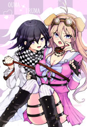  1boy animal_ears arm_belt blonde_hair blue_eyes blush boots breasts character_name checkered_clothes checkered_scarf cleavage collar commentary_request dan_(danbaldiav3) danganronpa_(series) danganronpa_v3:_killing_harmony dog_ears eyelashes fake_animal_ears female fingerless_gloves flipped_hair gloves goggles goggles_on_head hair_between_eyes harness holding holding_leash iruma_miu knees_up large_breasts leash leash_pull long_hair long_sleeves looking_at_viewer o-ring o-ring_harness oma_kokichi open_mouth pants purple_eyes purple_hair scarf shirt short_hair sitting skindentation straitjacket thighhighs thighhighs_under_boots thighs two-tone_scarf wavy_hair white_thighhighs 