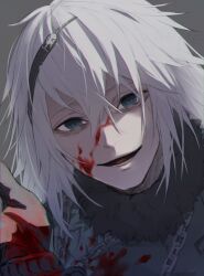  1boy blood blood_on_clothes blood_on_face blood_on_hands blue_eyes chains commentary empty_eyes fur-trimmed_vest fur_trim grey_background hair_between_eyes looking_at_viewer male_focus medium_hair nier nier_(brother) nier_(series) open_mouth pale_skin portrait reaching reaching_towards_viewer shaded_face sidelighting smile solo vest white_hair xcpte 