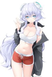  :o black_jacket blue_eyes breasts bright_pupils cleavage collarbone commentary commission counter:side covered_groin crossed_bangs dolphin_shorts female hair_between_eyes hand_up headgear highres horizon_(counter:side) jacket light_blush long_hair long_sleeves low_ponytail medium_breasts navel open_clothes open_jacket red_shorts sayun_(5_to_16_) short_shorts shorts simple_background single_bare_shoulder single_off_shoulder solo sports_bra standing stomach very_long_hair white_background white_hair white_pupils white_sports_bra 