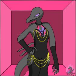  angelasalazzle background_character clothing dress female generation_7_pokemon hands_on_hips hi_res hollow_hip_backless_chain_dress looking_back nintendo pinup pokemon pokemon_(species) pose reptile salazzle scalie sexy_eyes sky solo 