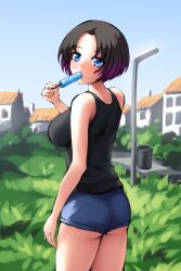  aposine black_hair blue_eyes blue_shorts breasts bush day elma_(maidragon) food food_in_mouth holding holding_food holding_popsicle house kobayashi-san_chi_no_maidragon lamppost large_breasts looking_at_viewer looking_back medium_hair outdoors popsicle popsicle_in_mouth shorts standing tank_top 