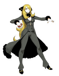  black_coat black_footwear black_pants blonde_hair breasts cleavage coat cynthia_(pokemon) female fur-trimmed_coat fur-trimmed_sleeves fur_collar fur_trim genzoman grey_eyes hair_ornament hair_over_one_eye high_heels holding holding_poke_ball large_breasts long_hair looking_at_viewer navel pants poke_ball pokemon pokemon_dppt simple_background smile solo very_long_hair white_background 