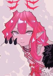  baobhan_sith_(fate) baobhan_sith_(swimsuit_pretender)_(fate) baobhan_sith_(swimsuit_pretender)_(first_ascension)_(fate) breasts cernunnos_(fate) close-up detached_collar fate/grand_order fate_(series) female fur-trimmed_jacket fur_trim grey_eyes hand_up headwear_with_attached_mittens highres jacket long_hair looking_at_viewer pink_hair pointy_ears sidelocks smile solo upper_body white_jacket youyouto25 