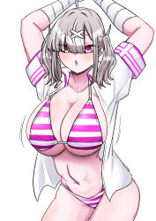  absurdres ahoge arms_up bikini blush breasts cleavage eyes_visible_through_hair female frim_02 grey_hair hair_ornament hair_over_one_eye highres huge_breasts large_breasts long_hair looking_at_viewer mole mole_under_eye nijisanji open_clothes open_mouth open_shirt pink_eyes purple_eyes simple_background solo striped_bikini striped_clothes sukoya_kana sukoya_kana_(1st_costume) swimsuit virtual_youtuber white_background x x_hair_ornament 