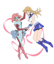  2girls 3_ma_me blue-tinted_eyewear blue_bodysuit blue_footwear blue_skirt blush_stickers bodysuit boots breasts brown_hair cyber_tutu duel_academy_uniform_(yu-gi-oh!_gx) full_body heart jacket large_breasts medium_breasts miniskirt multiple_girls pink_hair pink_ribbon red_bodysuit ribbon simple_background skirt sleeveless sleeveless_jacket tenjouin_asuka tinted_eyewear tutu two-tone_bodysuit white_background white_jacket yu-gi-oh! yu-gi-oh!_gx 