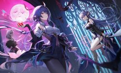  3girls abigail_(epic_seven) bat_(animal) breasts elvira_(epic_seven) epic_seven fumyr_(epic_seven) highres large_breasts monini moon multiple_girls pantyhose tagme vampire 