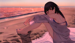  absurdres bare_legs barefoot beach bikini black_hair blue_bikini blunt_bangs blurry blurry_background bokeh breasts brown_eyes check_commentary commentary_request depth_of_field female full_body hair_down highres idolmaster idolmaster_shiny_colors kyamcya lens_flare lens_flare_abuse long_hair long_sleeves looking_at_viewer mayuzumi_fuyuko medium_breasts oversized_clothes oversized_shirt purple_nails rug sand see-through_silhouette shirt shore sideboob sitting smile swimsuit swimsuit_under_clothes toes 