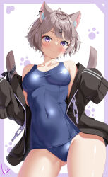  :3 animal_ear_fluff animal_ears ass_visible_through_thighs black_ribbon blue_one-piece_swimsuit blunt_bangs blush breasts brown_tail cat_ears cat_girl cat_tail chains commentary commission contrapposto covered_navel cowboy_shot cowlick female fish_hair_ornament hair_ornament highres indie_virtual_youtuber jacket jacket_partially_removed kogarashi_tobi medium_breasts medium_hair multiple_tails nekoyoi_kuru new_school_swimsuit one-piece_swimsuit purple_eyes ribbon school_swimsuit signature simple_background skeb_commission solo swimsuit swimsuit_under_clothes tail tail_ornament tail_raised tail_ribbon thighs two_tails virtual_youtuber 