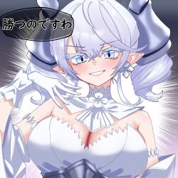  absurdres bare_shoulders blush breasts check_translation cleavage commentary_request demon_girl demon_horns dress drill_hair duel_monster earrings female gloves grey_eyes grey_hair highres horns jewelry long_hair lovely_labrynth_of_the_silver_castle meme nah_i&#039;d_win_(meme) oldsickkim parted_lips pointy_ears smile smug solo speech_bubble strapless strapless_dress translation_request twin_drills twintails upper_body white_dress white_gloves yu-gi-oh! 