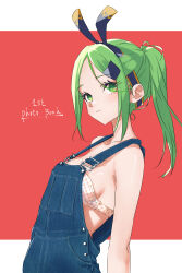  22/7 bare_shoulders blue_overalls bow bow_hairband bra breasts collarbone female from_side green_eyes green_hair hair_ornament hairband hairbow hairclip half_updo high_ponytail highres kiryu_touko kurubushinenza looking_to_the_side overalls parted_bangs parted_lips red_background solo two-tone_bow two-tone_hairband underwear upper_body 