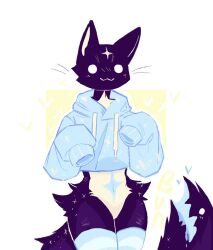  2023 :3 black_body black_fur blue_clothing blue_hoodie blue_leg_warmers blue_legwear blue_topwear bunonthemoon clothing countershading domestic_cat felid feline felis femboy fur heart_symbol hoodie leg_warmers legwear living_tail male mammal oversized_clothing oversized_hoodie oversized_topwear slim_anthro slim_male solo tail topwear unusual_anatomy unusual_tail white_body white_countershading white_eyes white_fur 