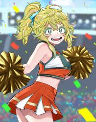  absurdres blurry blurry_background boku_no_hero_academia breasts cheerleader confetti crop_top day female green_eyes green_hair hagakure_tooru hair_ribbon highres hiro_illust11 holding holding_pom_poms large_breasts miniskirt multicolored_hair open_mouth orange_shirt orange_skirt outdoors people pom_pom_(cheerleading) ribbon shirt skirt stadium thick_eyelashes u.a._cheerleader_uniform unusually_visible 