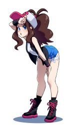  absurdres baseball_cap bent_over blue_eyes blush brown_hair denim denim_shorts exposed_pocket female grimmelsdathird hat highres hilda_(pokemon) long_hair open_mouth pokemon pokemon_bw ponytail shorts solo sweatdrop tongue torn_clothes wristband 