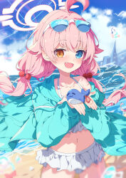  absurdres ahoge bikini blue-tinted_eyewear blue_archive blue_eyes blue_jacket blush eyewear_on_head female frilled_bikini frills hair_bobbles hair_ornament halo heterochromia highres hoshino_(blue_archive) hoshino_(swimsuit)_(blue_archive) hua-huahua jacket long_hair long_sleeves looking_at_viewer low_twintails navel official_alternate_costume open_mouth orange_eyes pink_hair pink_halo smile solo sunglasses swimsuit tinted_eyewear twintails white-framed_eyewear white_bikini 